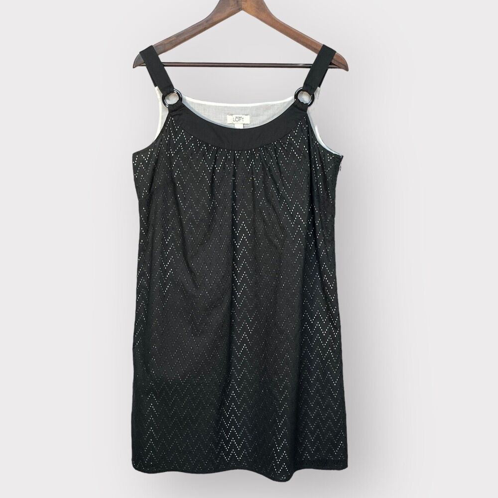 LOFT Shift Mini Dress Woman 8‎ Black Lined Eyelet Side Zip Sleeveless i02